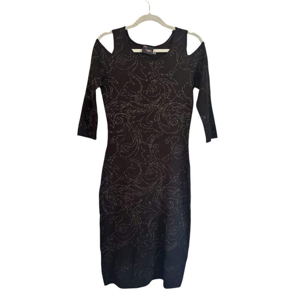 Just Taylor Black Silver Accents Cold Shoulder Black Midi Dress Sz M